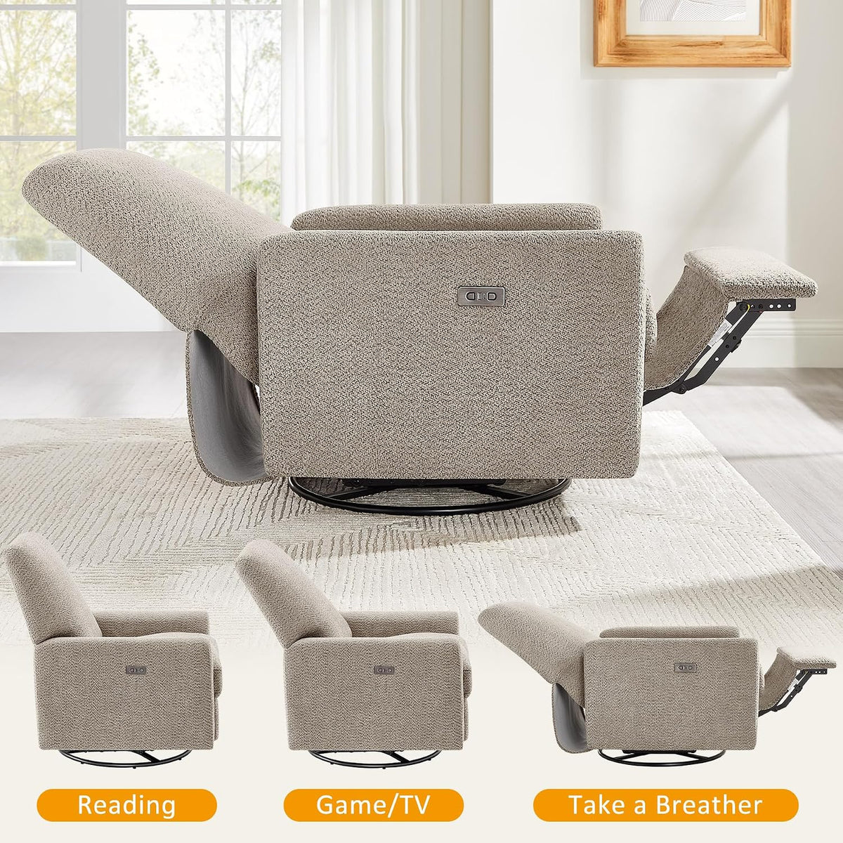 Swivel Glider Recliner Chair, Power Recliner with Boucle Fabric, White