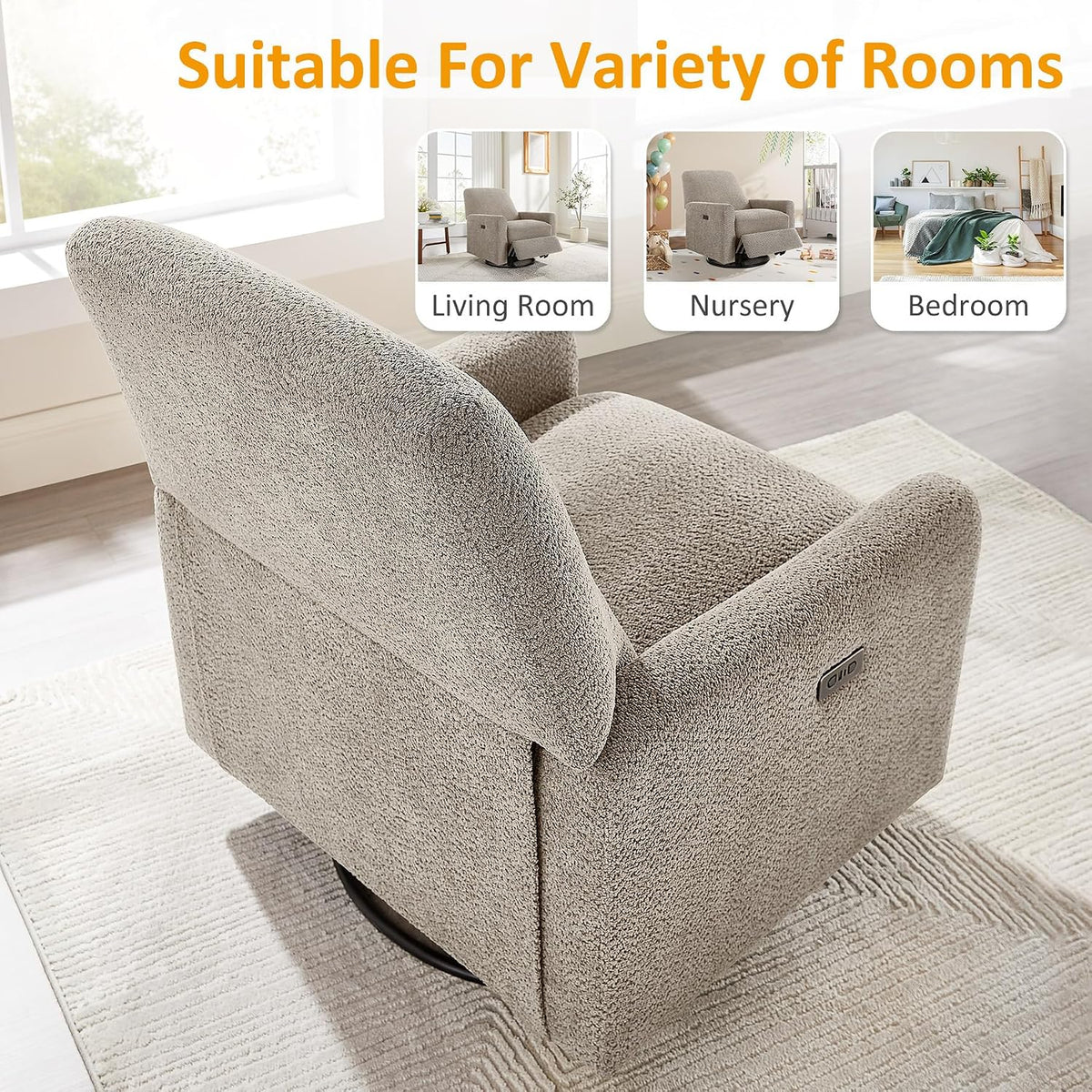 Swivel Glider Recliner Chair, Power Recliner with Boucle Fabric, White