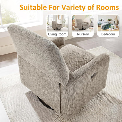 Swivel Glider Recliner Chair, Power Recliner with Boucle Fabric, White