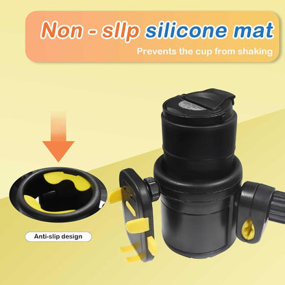 Baby Stroller Cup Holder - 3-in-1 Rotatable Bottle & Cup Holder with Detachable Phone Mount | Universal Fit for Strollers, Bikes, Scooters | Anti-Shake Silicone Inserts