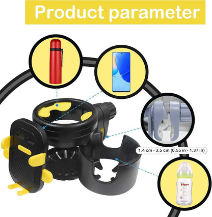 Baby Stroller Cup Holder - 3-in-1 Rotatable Bottle & Cup Holder with Detachable Phone Mount | Universal Fit for Strollers, Bikes, Scooters | Anti-Shake Silicone Inserts