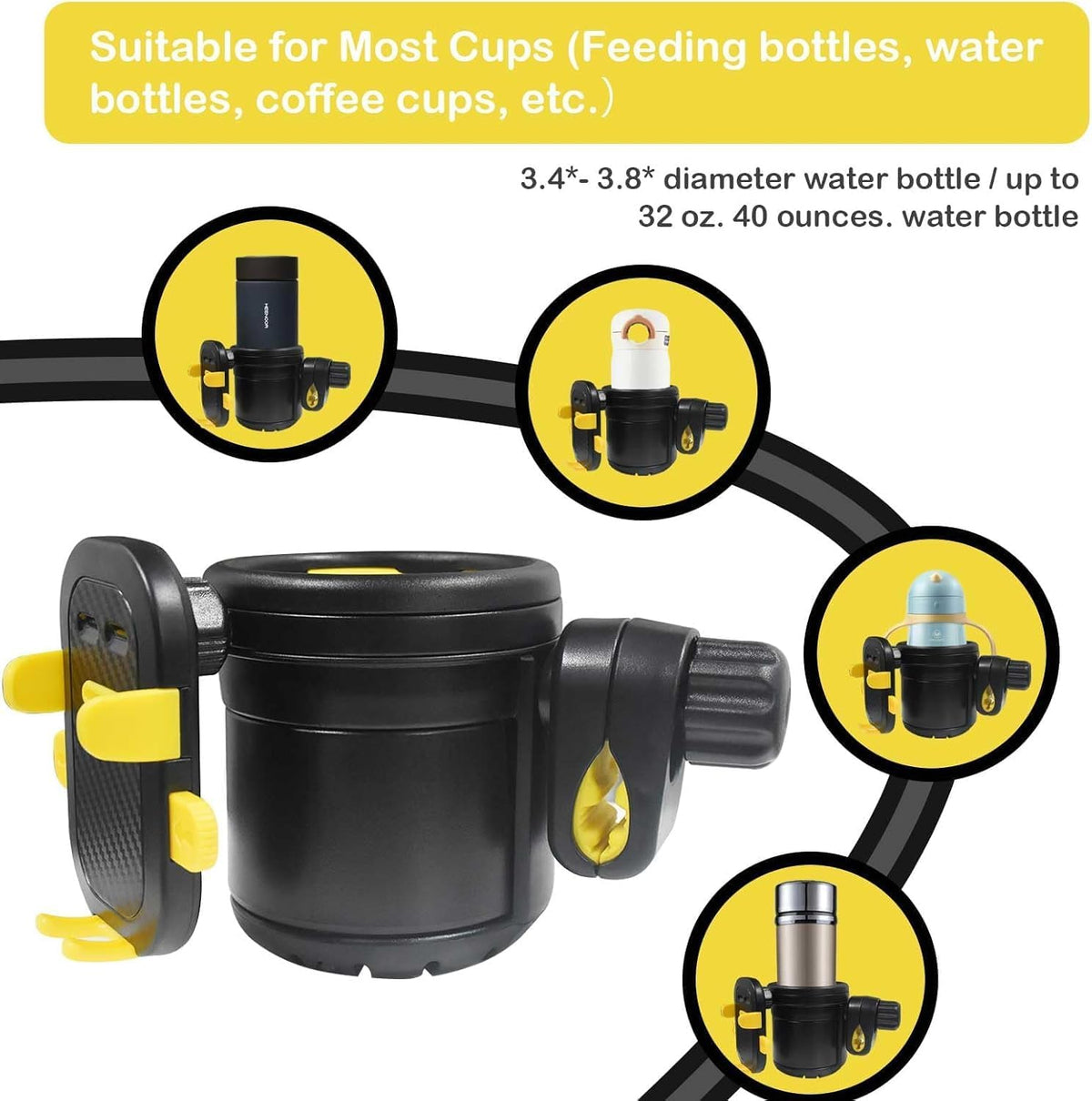 Baby Stroller Cup Holder - 3-in-1 Rotatable Bottle & Cup Holder with Detachable Phone Mount | Universal Fit for Strollers, Bikes, Scooters | Anti-Shake Silicone Inserts