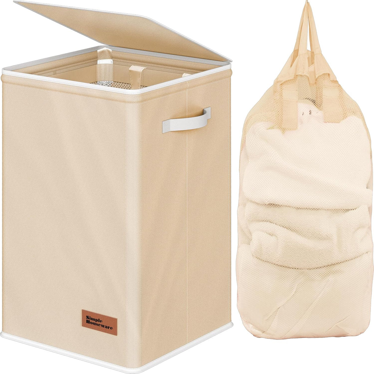 Foldable Laundry Hamper Basket with Lid and Bag, Beige