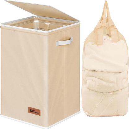 Foldable Laundry Hamper Basket with Lid and Bag, Beige
