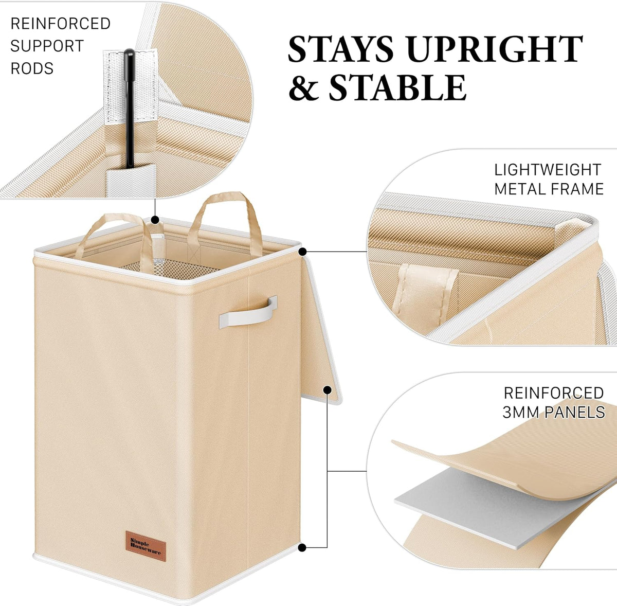 Foldable Laundry Hamper Basket with Lid and Bag, Beige