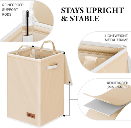 Foldable Laundry Hamper Basket with Lid and Bag, Beige