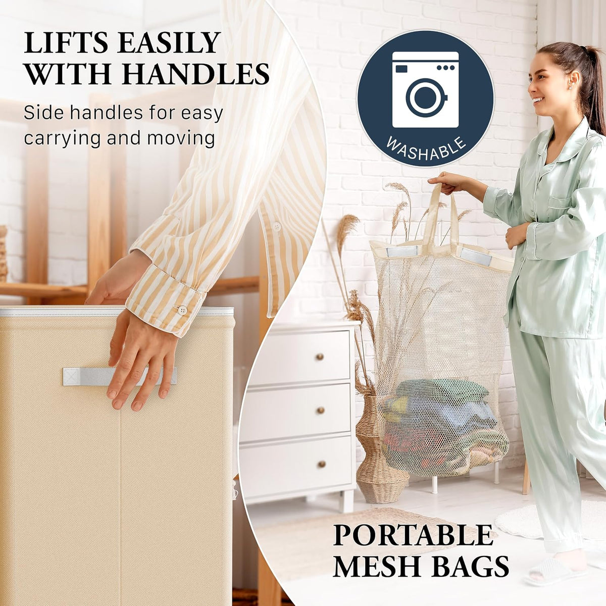 Foldable Laundry Hamper Basket with Lid and Bag, Beige
