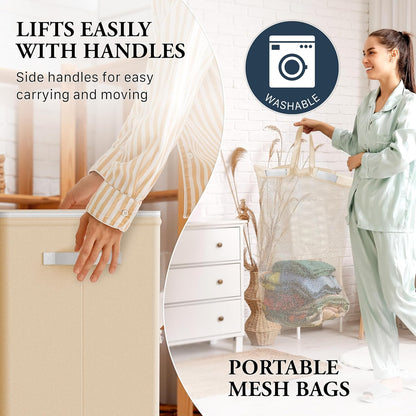 Foldable Laundry Hamper Basket with Lid and Bag, Beige