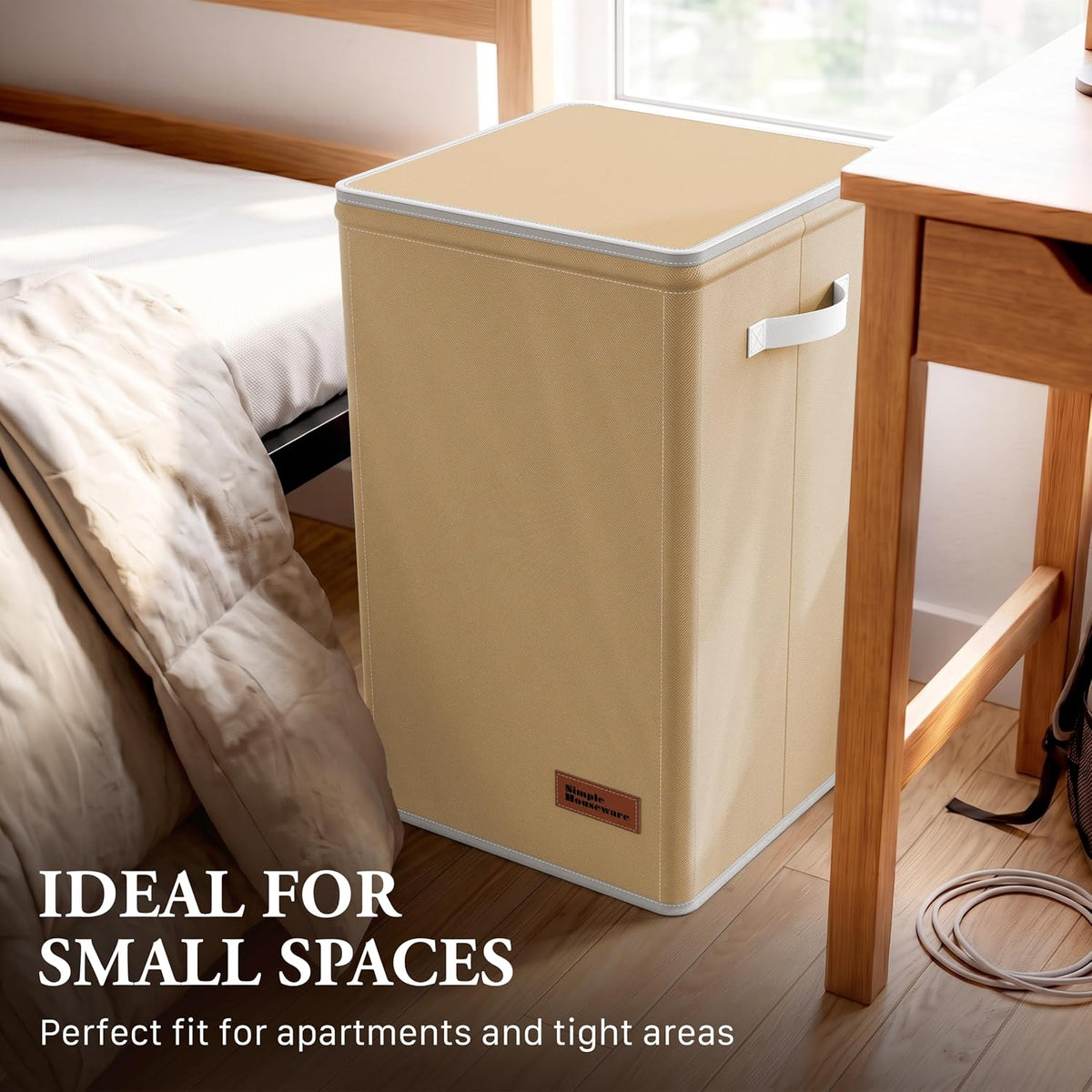 Foldable Laundry Hamper Basket with Lid and Bag, Beige