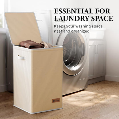 Foldable Laundry Hamper Basket with Lid and Bag, Beige