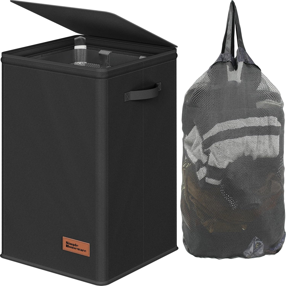 Foldable Laundry Hamper Basket with Lid and Bag, Beige