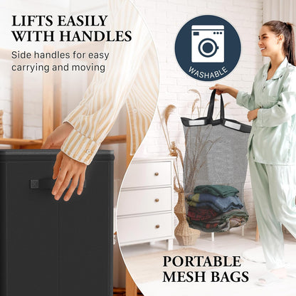 Foldable Laundry Hamper Basket with Lid and Bag, Beige