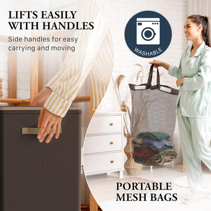 Foldable Laundry Hamper Basket with Lid and Bag, Beige