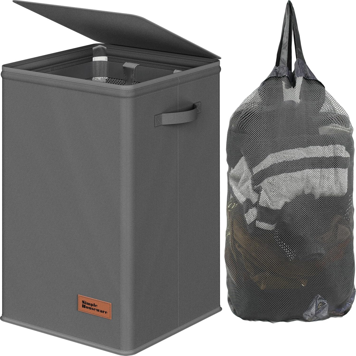 Foldable Laundry Hamper Basket with Lid and Bag, Beige