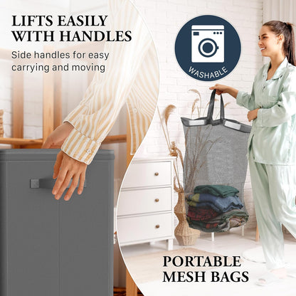 Foldable Laundry Hamper Basket with Lid and Bag, Beige