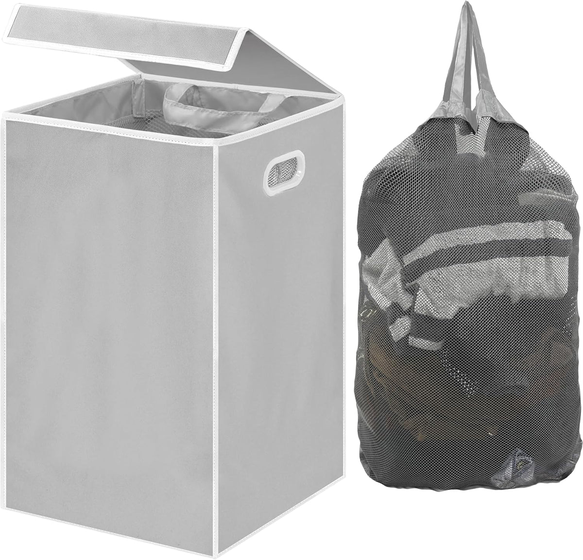 Foldable Laundry Hamper Basket with Lid and Bag, Beige