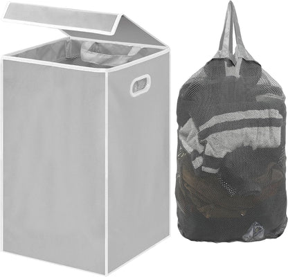 Foldable Laundry Hamper Basket with Lid and Bag, Beige