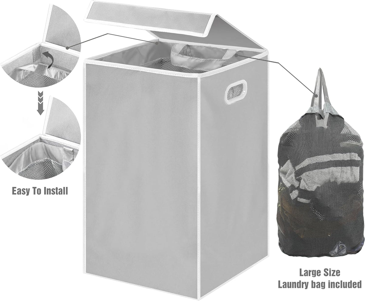 Foldable Laundry Hamper Basket with Lid and Bag, Beige