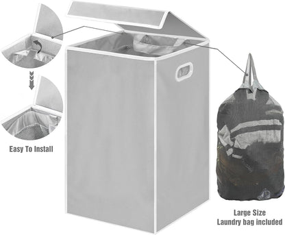 Foldable Laundry Hamper Basket with Lid and Bag, Beige