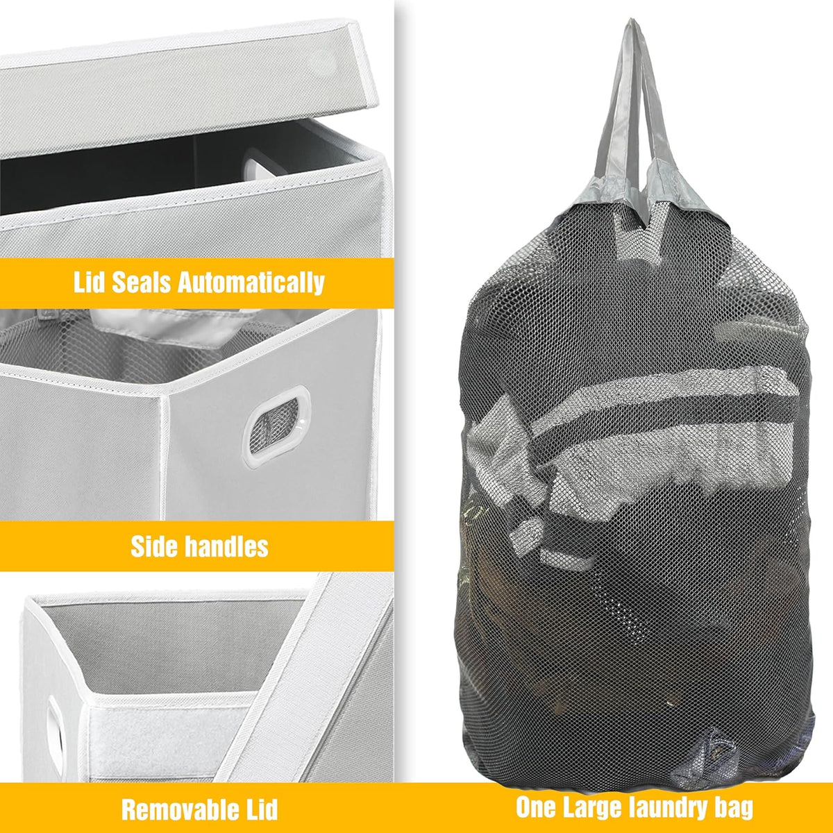 Foldable Laundry Hamper Basket with Lid and Bag, Beige