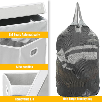 Foldable Laundry Hamper Basket with Lid and Bag, Beige
