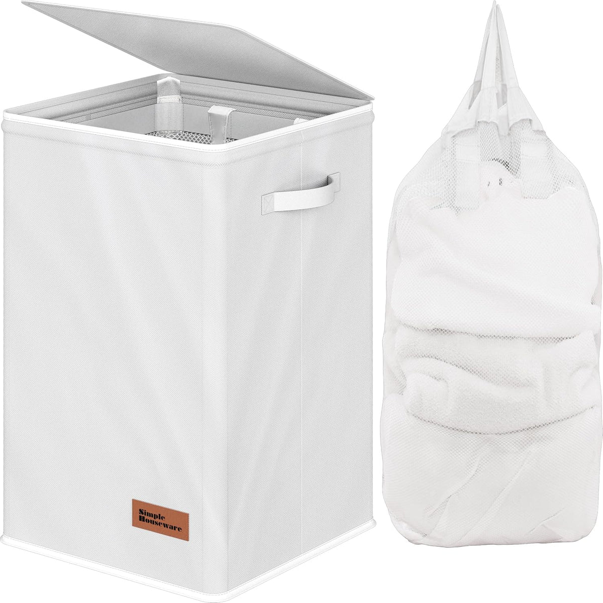 Foldable Laundry Hamper Basket with Lid and Bag, Beige