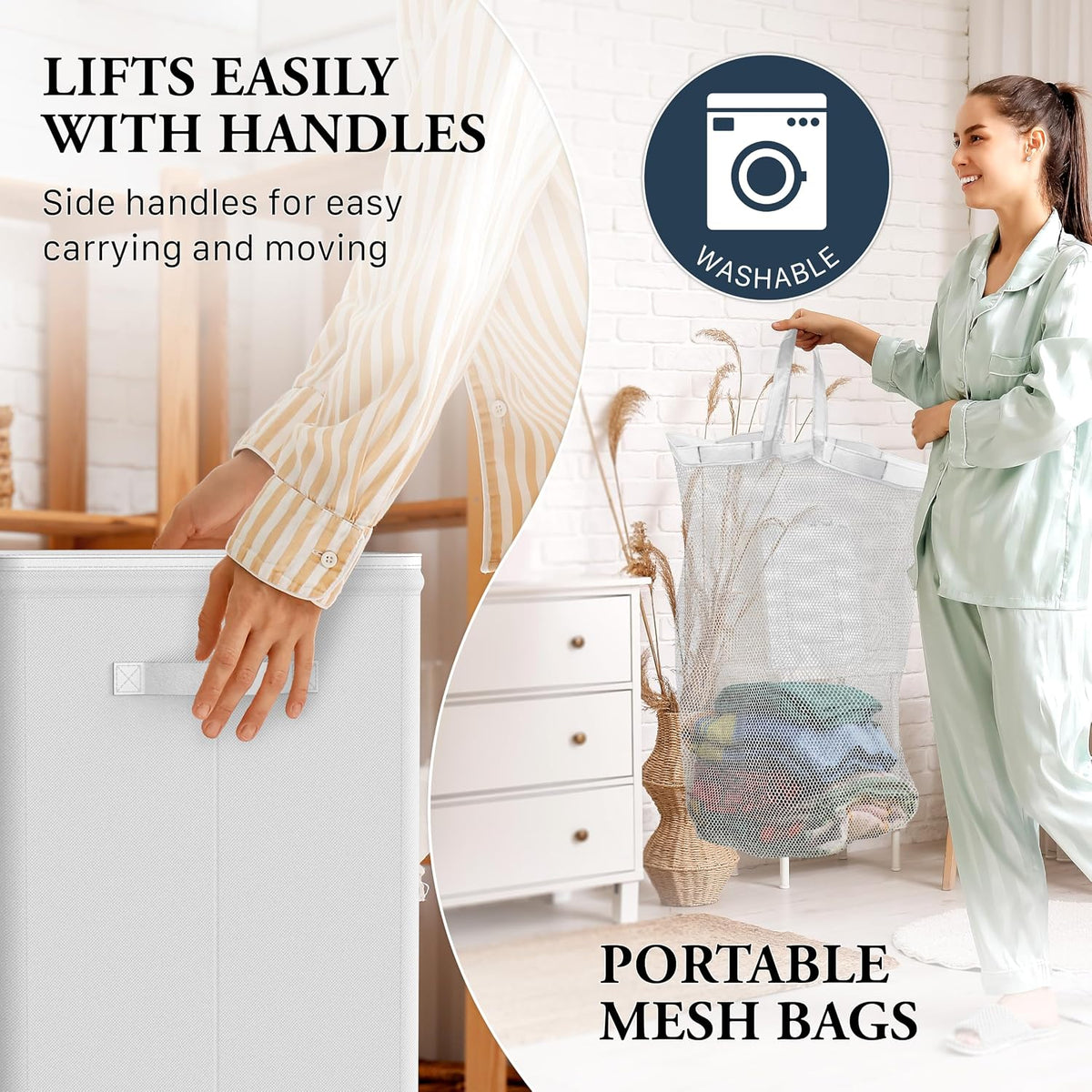 Foldable Laundry Hamper Basket with Lid and Bag, Beige