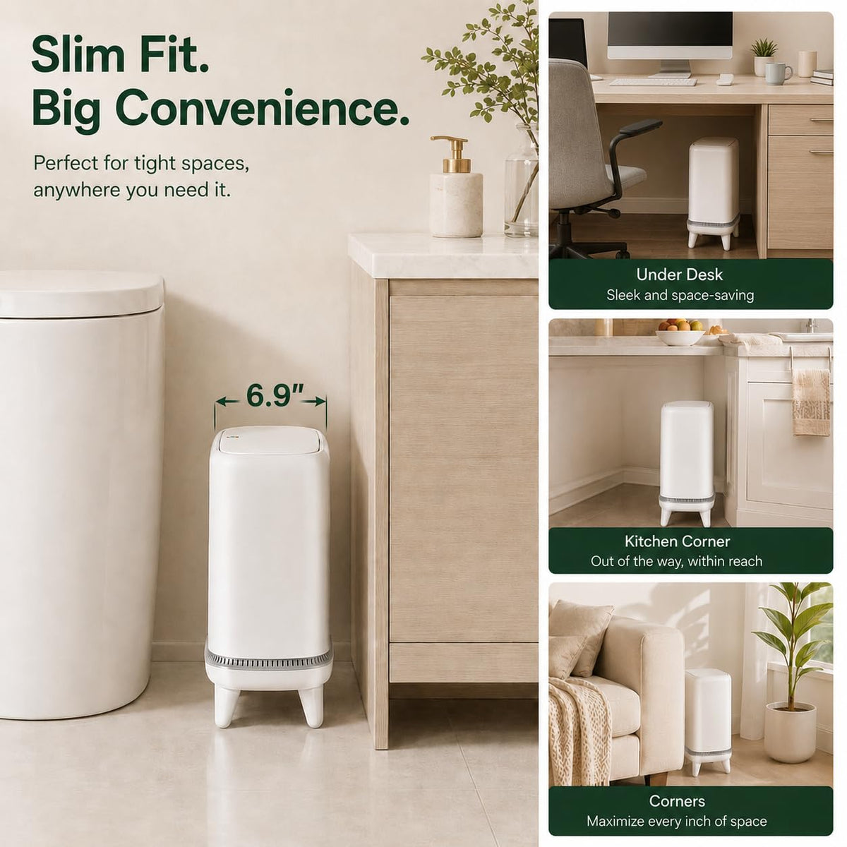 Bathroom Trash Can with Lid, 3.2 Gallon Small Garbage Can with Pop-Up Lid & Air-Pressure Bag Lock, Slim Trash Bin with Legs, Narrow Waste Basket for Bathroom, Bedroom, Kitchen, Office, Rv