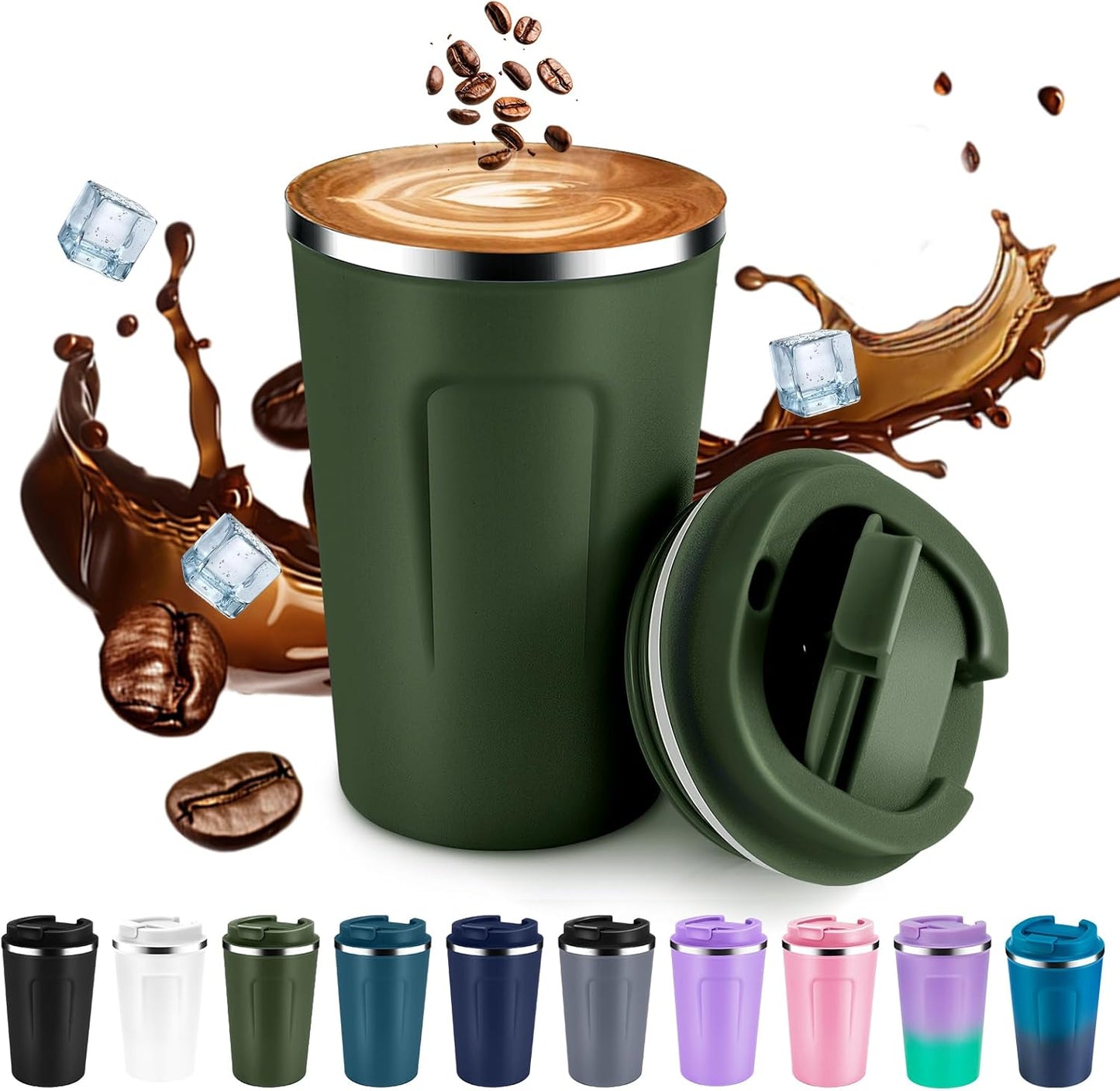 Volhoply 12 oz Double Wall Insulated Vacuum Travel Coffee Mug with Flip Lid,Reusable Stainless Steel Leak Proof Coffee Cup,Portable Cafe Thermal Tumbler Suitable for Hot&Cold Drinks(Dark Night,1 Set)