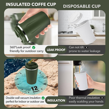 Volhoply 12 oz Double Wall Insulated Vacuum Travel Coffee Mug with Flip Lid,Reusable Stainless Steel Leak Proof Coffee Cup,Portable Cafe Thermal Tumbler Suitable for Hot&Cold Drinks(Dark Night,1 Set)