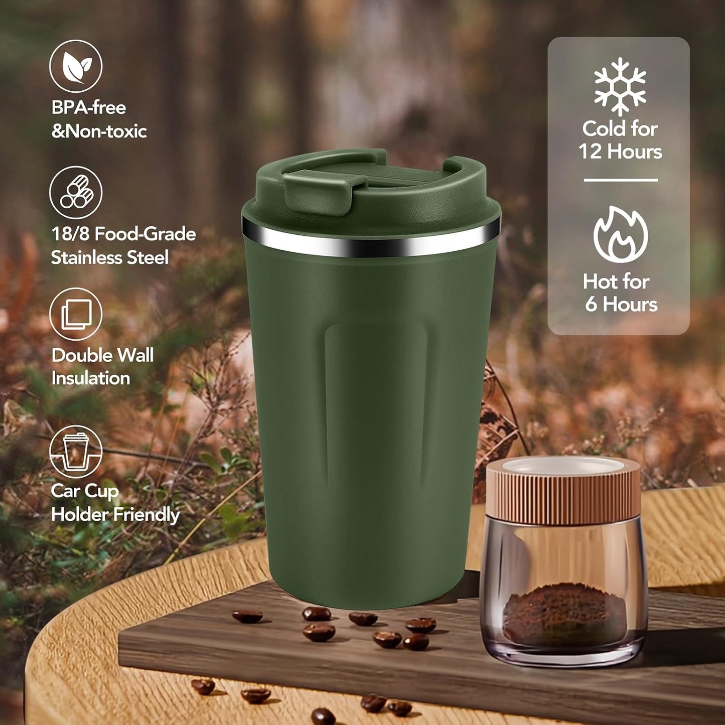 Volhoply 12 oz Double Wall Insulated Vacuum Travel Coffee Mug with Flip Lid,Reusable Stainless Steel Leak Proof Coffee Cup,Portable Cafe Thermal Tumbler Suitable for Hot&Cold Drinks(Dark Night,1 Set)