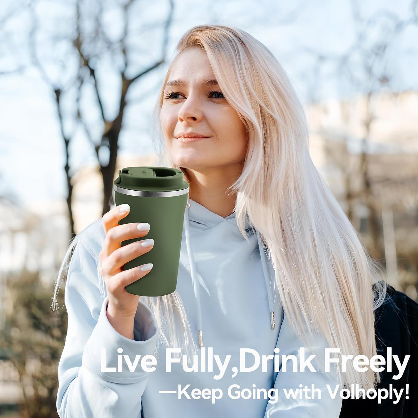 Volhoply 12 oz Double Wall Insulated Vacuum Travel Coffee Mug with Flip Lid,Reusable Stainless Steel Leak Proof Coffee Cup,Portable Cafe Thermal Tumbler Suitable for Hot&Cold Drinks(Dark Night,1 Set)