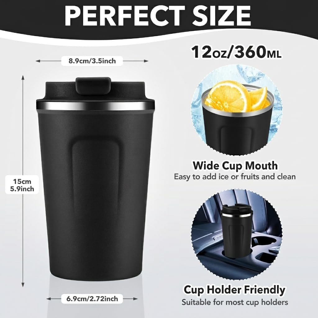 Volhoply 12 oz Double Wall Insulated Vacuum Travel Coffee Mug with Flip Lid,Reusable Stainless Steel Leak Proof Coffee Cup,Portable Cafe Thermal Tumbler Suitable for Hot&Cold Drinks(Dark Night,1 Set)