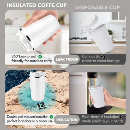 Volhoply 12 oz Double Wall Insulated Vacuum Travel Coffee Mug with Flip Lid,Reusable Stainless Steel Leak Proof Coffee Cup,Portable Cafe Thermal Tumbler Suitable for Hot&Cold Drinks(Dark Night,1 Set)