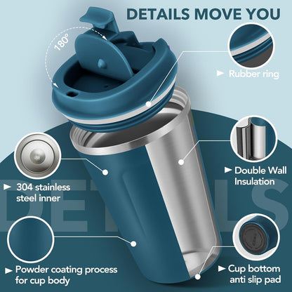 Volhoply 12 oz Double Wall Insulated Vacuum Travel Coffee Mug with Flip Lid,Reusable Stainless Steel Leak Proof Coffee Cup,Portable Cafe Thermal Tumbler Suitable for Hot&Cold Drinks(Dark Night,1 Set)