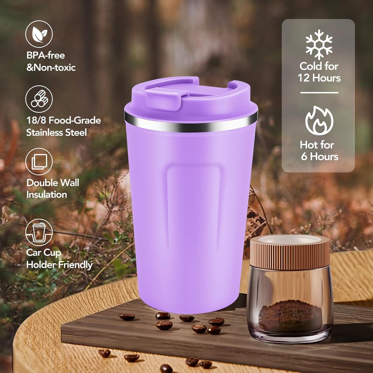 Volhoply 12 oz Double Wall Insulated Vacuum Travel Coffee Mug with Flip Lid,Reusable Stainless Steel Leak Proof Coffee Cup,Portable Cafe Thermal Tumbler Suitable for Hot&Cold Drinks(Dark Night,1 Set)