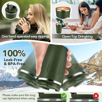 Volhoply 12 oz Double Wall Insulated Vacuum Travel Coffee Mug with Flip Lid,Reusable Stainless Steel Leak Proof Coffee Cup,Portable Cafe Thermal Tumbler Suitable for Hot&Cold Drinks(Dark Night,1 Set)