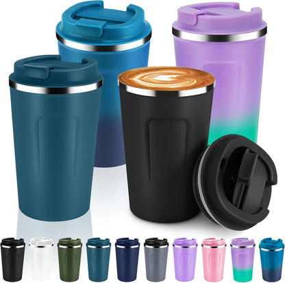Volhoply 12 oz Double Wall Insulated Vacuum Travel Coffee Mug with Flip Lid,Reusable Stainless Steel Leak Proof Coffee Cup,Portable Cafe Thermal Tumbler Suitable for Hot&Cold Drinks(Dark Night,1 Set)