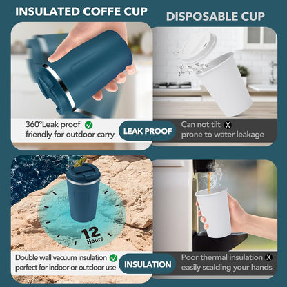 Volhoply 12 oz Double Wall Insulated Vacuum Travel Coffee Mug with Flip Lid,Reusable Stainless Steel Leak Proof Coffee Cup,Portable Cafe Thermal Tumbler Suitable for Hot&Cold Drinks(Dark Night,1 Set)