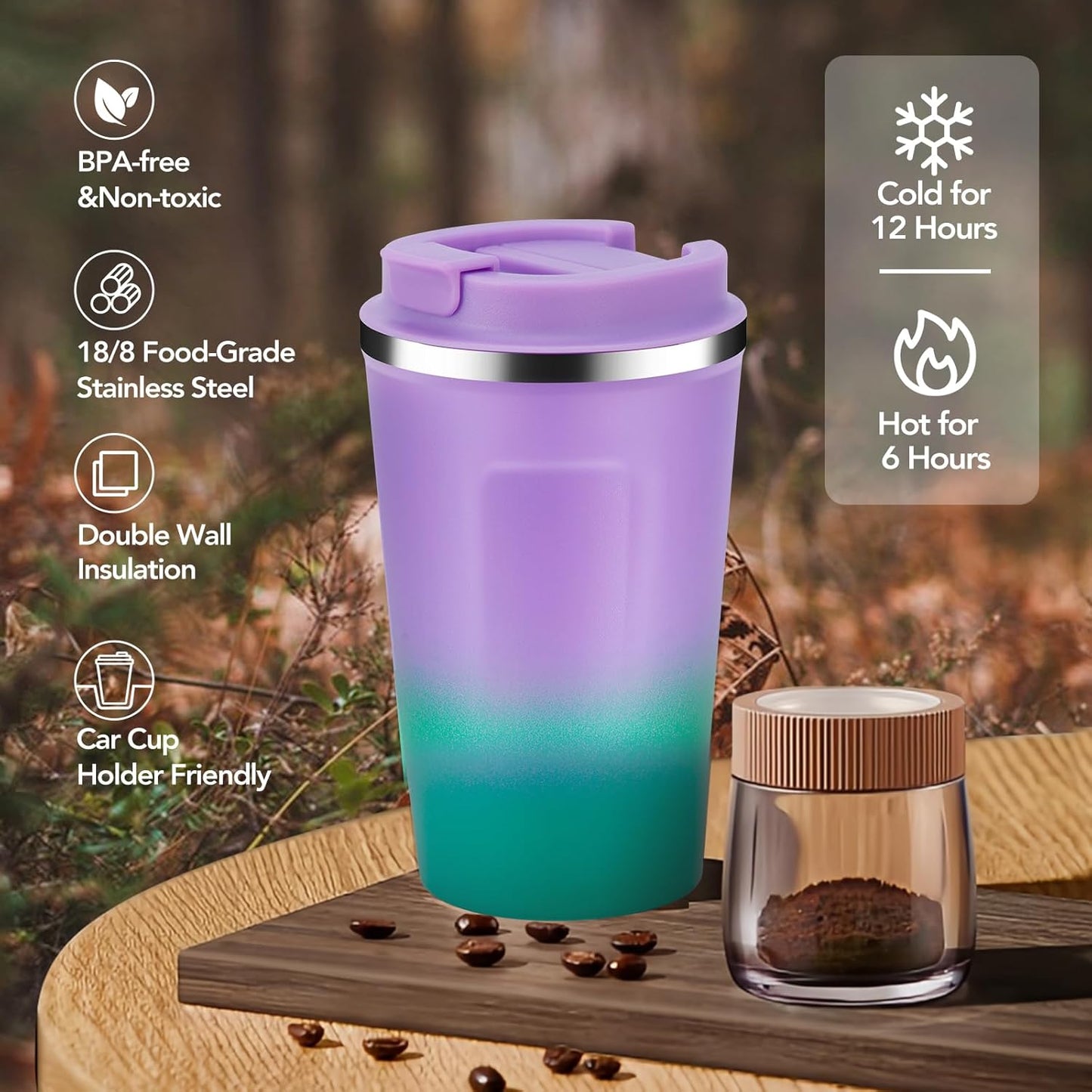 Volhoply 12 oz Double Wall Insulated Vacuum Travel Coffee Mug with Flip Lid,Reusable Stainless Steel Leak Proof Coffee Cup,Portable Cafe Thermal Tumbler Suitable for Hot&Cold Drinks(Dark Night,1 Set)