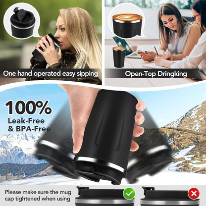 Volhoply 12 oz Double Wall Insulated Vacuum Travel Coffee Mug with Flip Lid,Reusable Stainless Steel Leak Proof Coffee Cup,Portable Cafe Thermal Tumbler Suitable for Hot&Cold Drinks(Dark Night,1 Set)