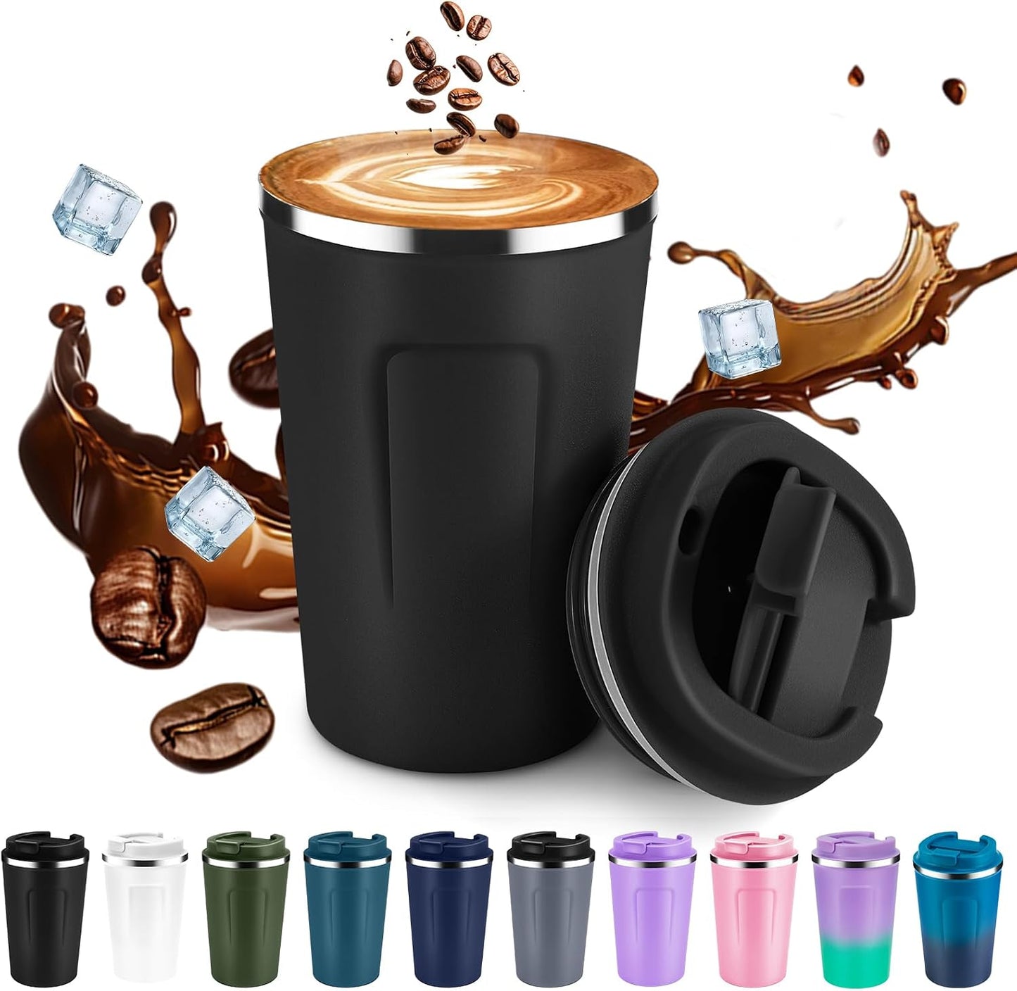 Volhoply 12 oz Double Wall Insulated Vacuum Travel Coffee Mug with Flip Lid,Reusable Stainless Steel Leak Proof Coffee Cup,Portable Cafe Thermal Tumbler Suitable for Hot&Cold Drinks(Dark Night,1 Set)