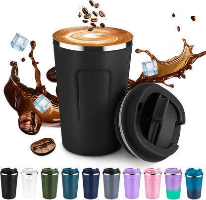 Volhoply 12 oz Double Wall Insulated Vacuum Travel Coffee Mug with Flip Lid,Reusable Stainless Steel Leak Proof Coffee Cup,Portable Cafe Thermal Tumbler Suitable for Hot&Cold Drinks(Dark Night,1 Set)