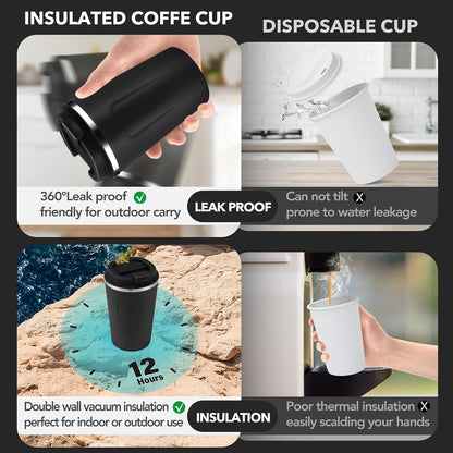 Volhoply 12 oz Double Wall Insulated Vacuum Travel Coffee Mug with Flip Lid,Reusable Stainless Steel Leak Proof Coffee Cup,Portable Cafe Thermal Tumbler Suitable for Hot&Cold Drinks(Dark Night,1 Set)