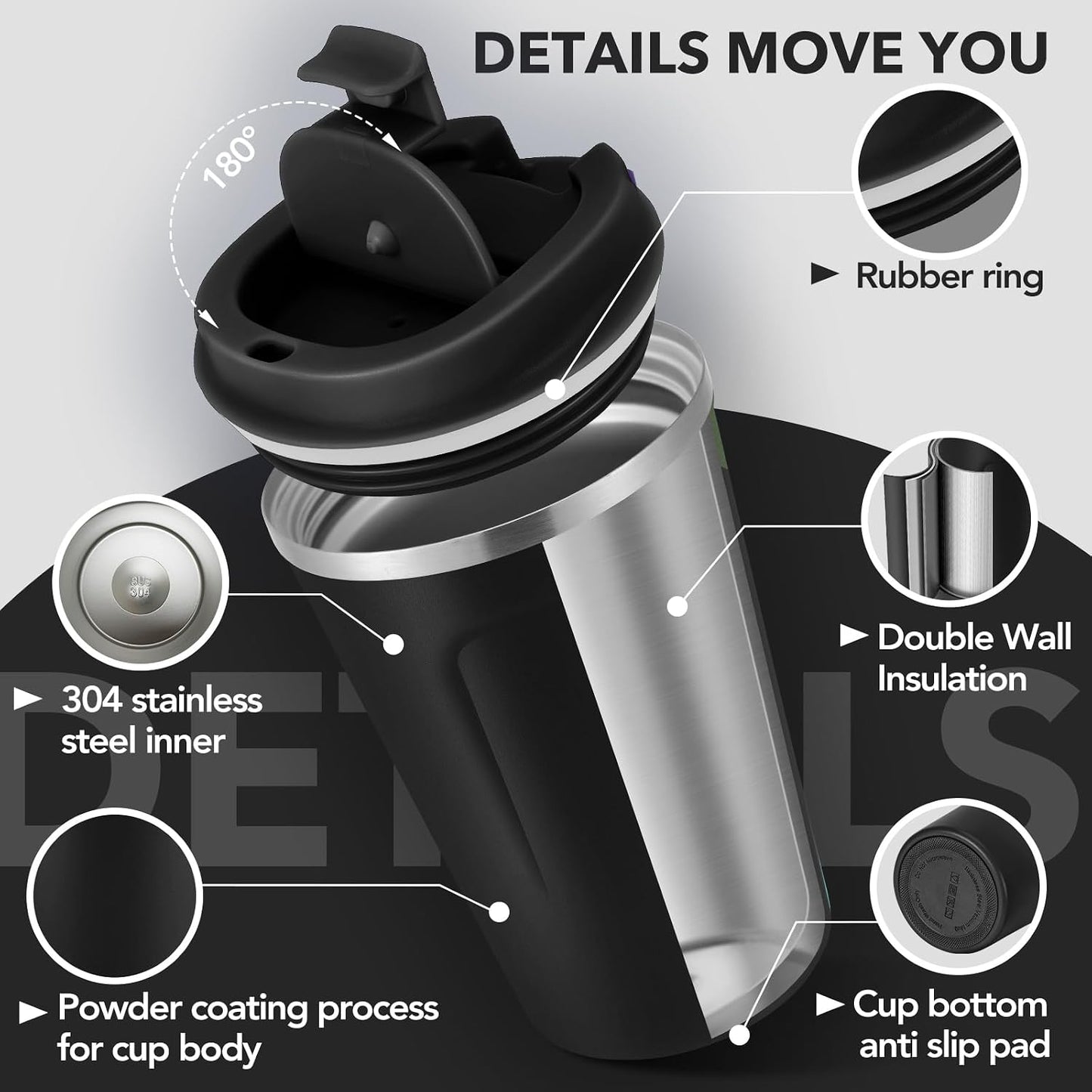 Volhoply 12 oz Double Wall Insulated Vacuum Travel Coffee Mug with Flip Lid,Reusable Stainless Steel Leak Proof Coffee Cup,Portable Cafe Thermal Tumbler Suitable for Hot&Cold Drinks(Dark Night,1 Set)