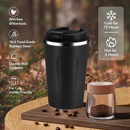Volhoply 12 oz Double Wall Insulated Vacuum Travel Coffee Mug with Flip Lid,Reusable Stainless Steel Leak Proof Coffee Cup,Portable Cafe Thermal Tumbler Suitable for Hot&Cold Drinks(Dark Night,1 Set)
