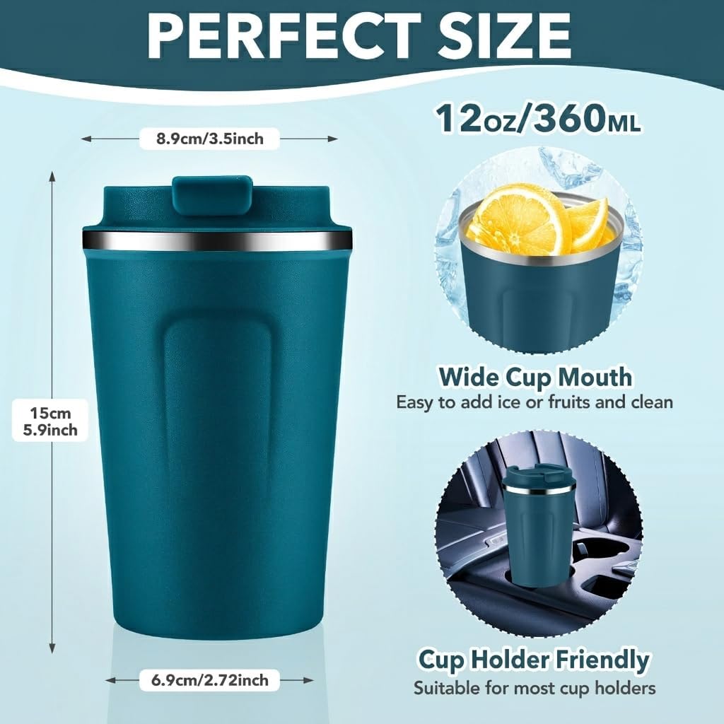 Volhoply 12 oz Double Wall Insulated Vacuum Travel Coffee Mug with Flip Lid,Reusable Stainless Steel Leak Proof Coffee Cup,Portable Cafe Thermal Tumbler Suitable for Hot&Cold Drinks(Dark Night,1 Set)
