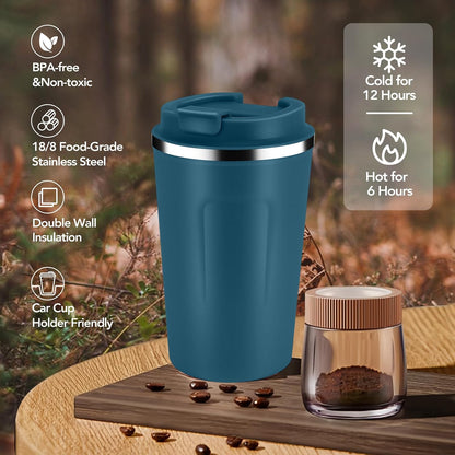 Volhoply 12 oz Double Wall Insulated Vacuum Travel Coffee Mug with Flip Lid,Reusable Stainless Steel Leak Proof Coffee Cup,Portable Cafe Thermal Tumbler Suitable for Hot&Cold Drinks(Dark Night,1 Set)