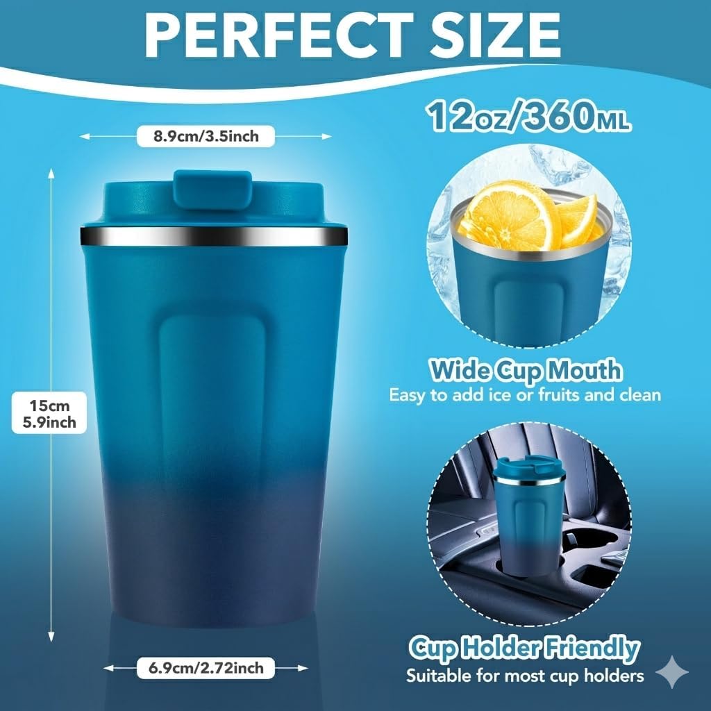 Volhoply 12 oz Double Wall Insulated Vacuum Travel Coffee Mug with Flip Lid,Reusable Stainless Steel Leak Proof Coffee Cup,Portable Cafe Thermal Tumbler Suitable for Hot&Cold Drinks(Dark Night,1 Set)