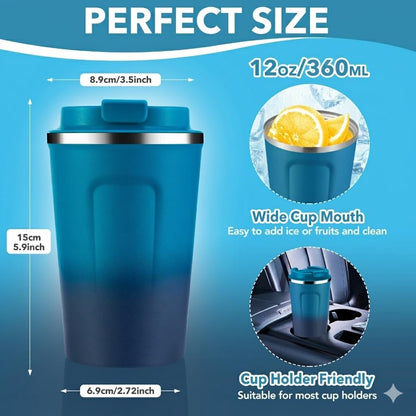 Volhoply 12 oz Double Wall Insulated Vacuum Travel Coffee Mug with Flip Lid,Reusable Stainless Steel Leak Proof Coffee Cup,Portable Cafe Thermal Tumbler Suitable for Hot&Cold Drinks(Dark Night,1 Set)